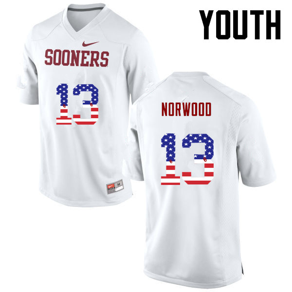 Youth Oklahoma Sooners #13 Tre Norwood College Football USA Flag Fashion Jerseys-White - Click Image to Close
